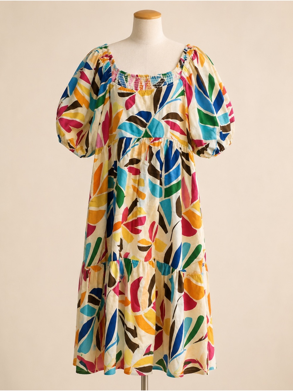 Multicolor Leaf-Print Puff-Sleeve Midi Dress